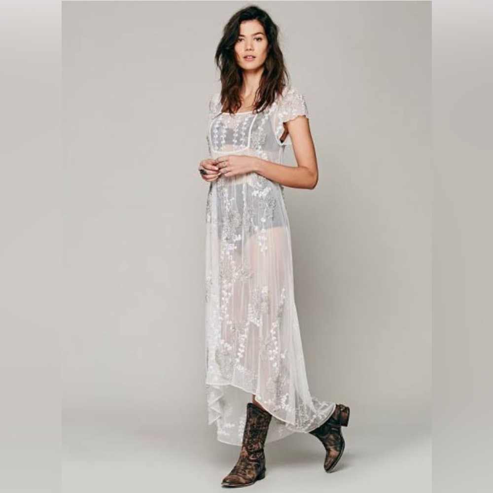 Free People Sheer White Beaded High Low Dress